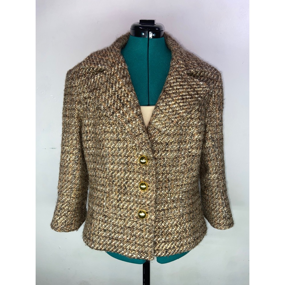 Vintage Cache Luxe Y2K Brown Tan 50% Wool Tweed Blazer Gold Button Jacket  Large